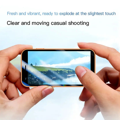 ONEMYTH A17 mini Android phone, orange-gold, 3.0-inch screen held in hands