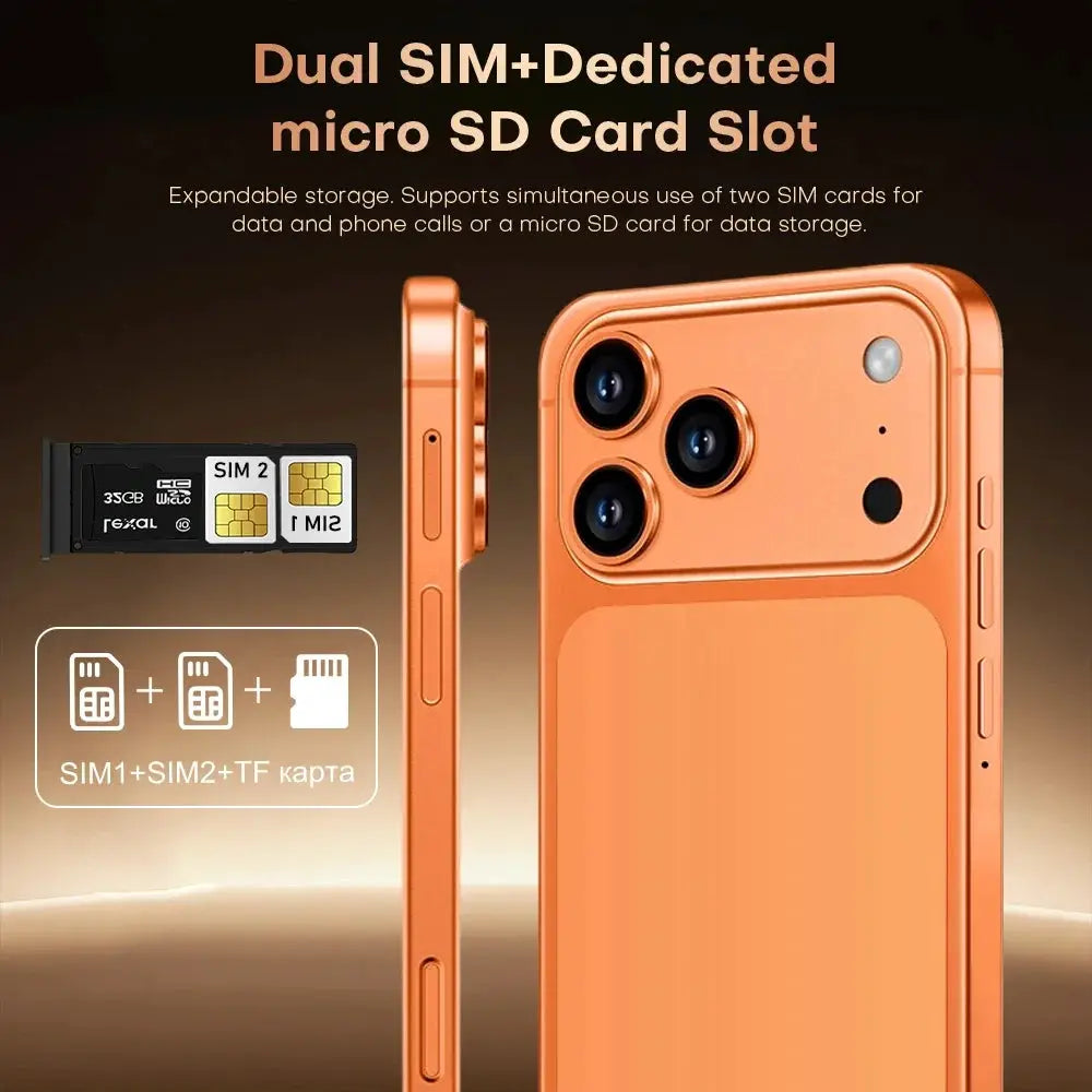 Orange i17 Pro Max smartphone with triple rear cameras and dual SIM plus microSD slot