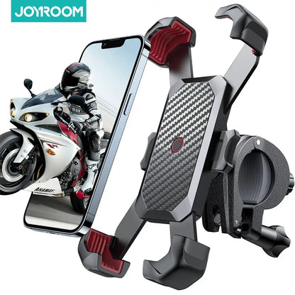 Joyroom bike phone holder, universal bicycle mount for 4.7-7-inch phones, 360-degree rotatable, carbon fiber panel.