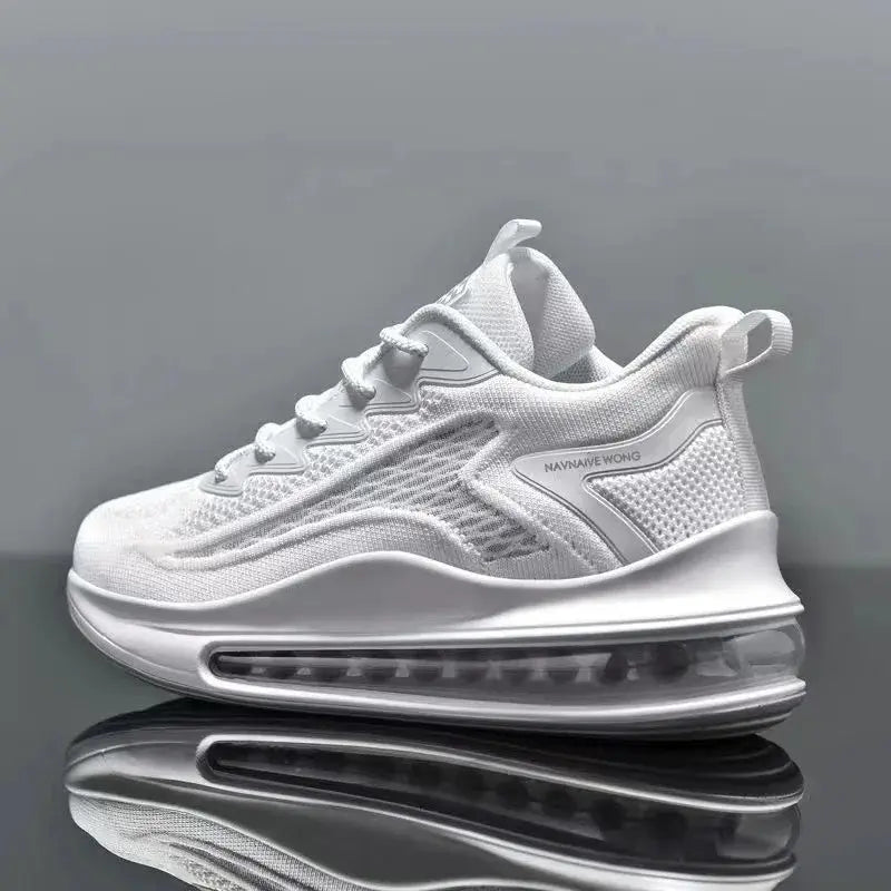 Men's white lightweight running sneakers with breathable mesh and air-cushioned sole