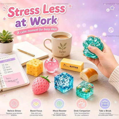 New Creative Slow Rising Squishy Blind Box Fidget Toys set with colorful fruit and cube squishies on a desk