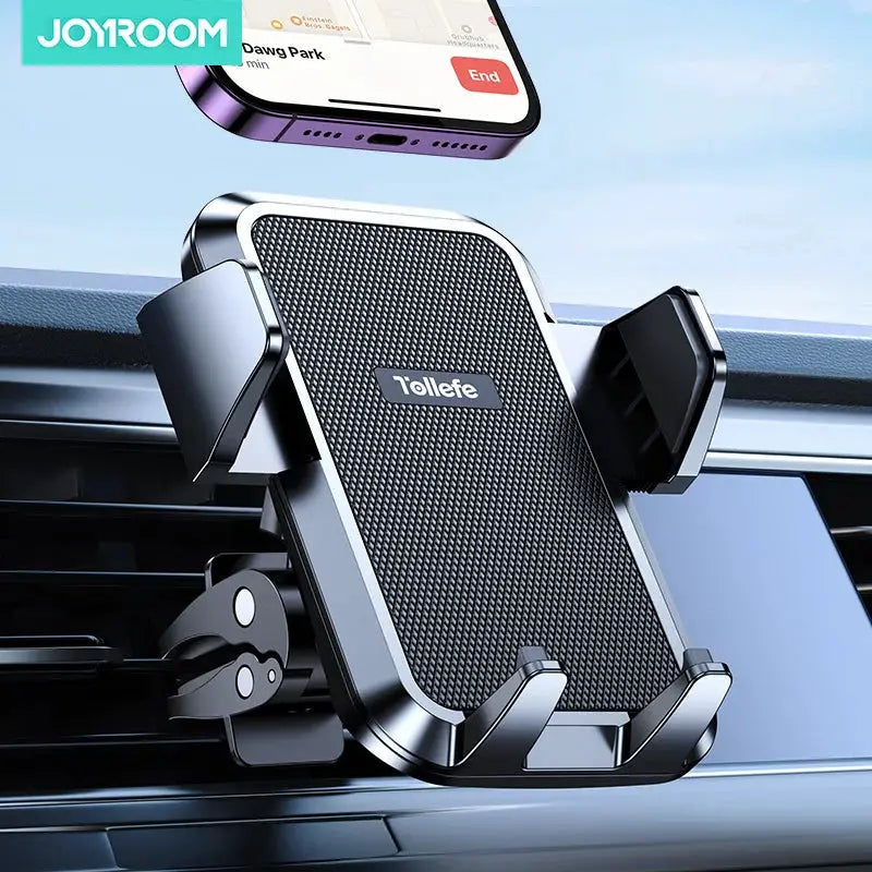 Joyroom car phone holder on vent mount with metallic frame and mesh grip; fits large phones and thick cases