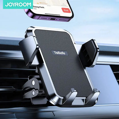 Joyroom car phone holder on vent mount with metallic frame and mesh grip; fits large phones and thick cases