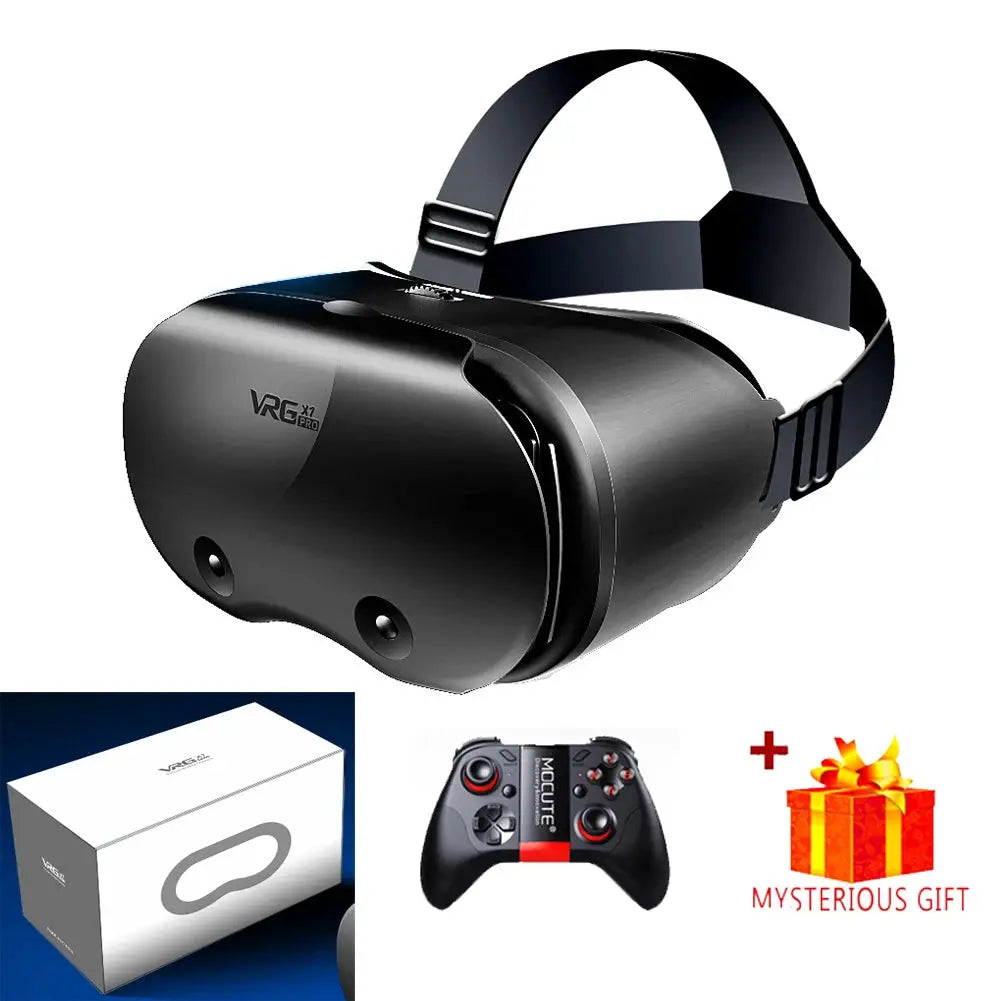 VR headset VRG X7 Pro in black; 4-item set with controller, white box, and gift icon