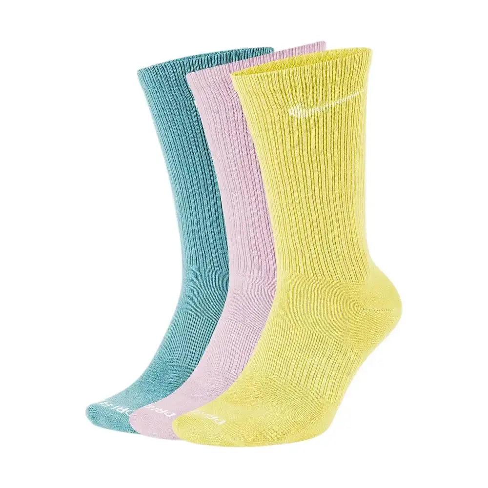 Nike unisex thick-pile terry-sole sport socks, set of 3 colors (teal, pink, yellow) with Nike swoosh