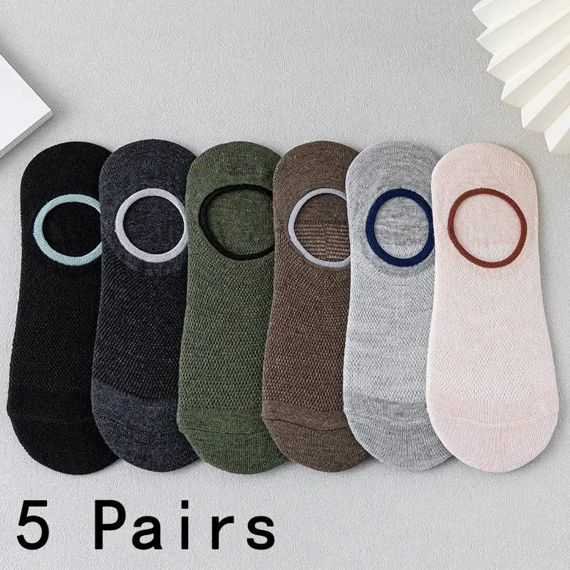 5 pairs men's cotton ankle socks in assorted colors; breathable, sweat-absorbent