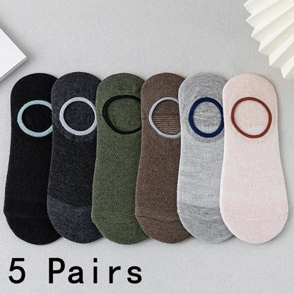 5 pairs men's cotton ankle socks in assorted colors; breathable, sweat-absorbent