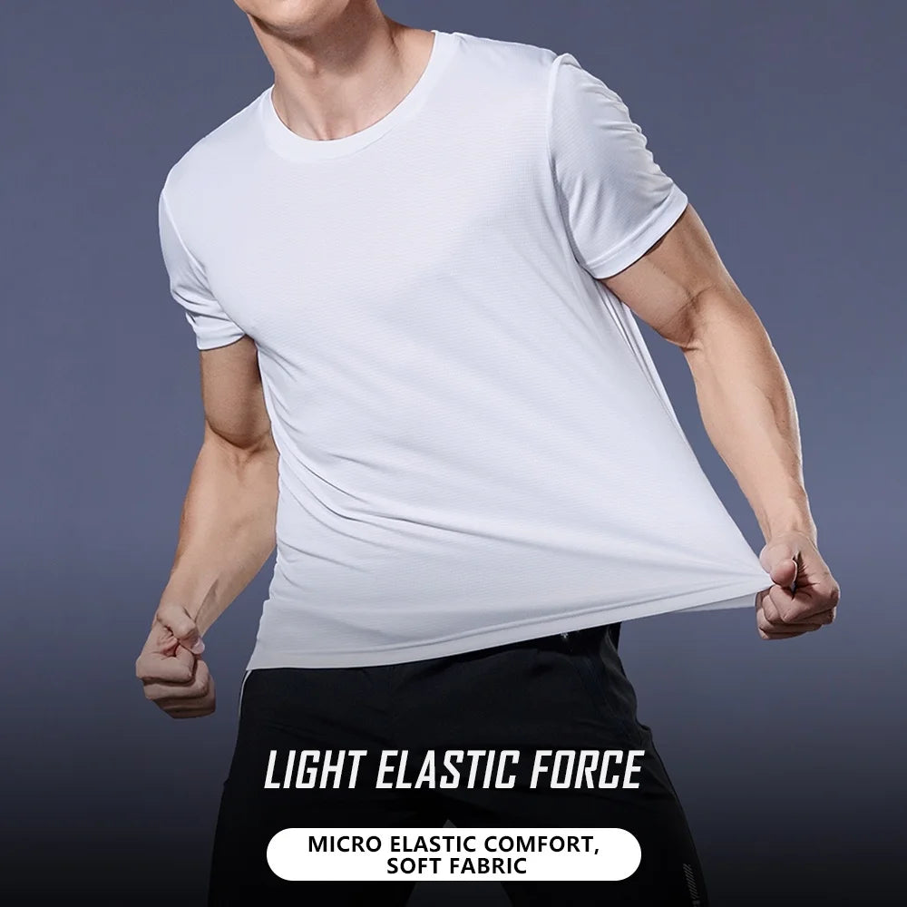 Moisture-wicking gym shirt for men in white with micro elastic comfort fabric.