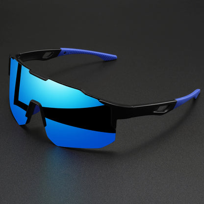 Oversized Colorful Sports Sunglasses with blue mirrored lenses and black frame with blue temples.
