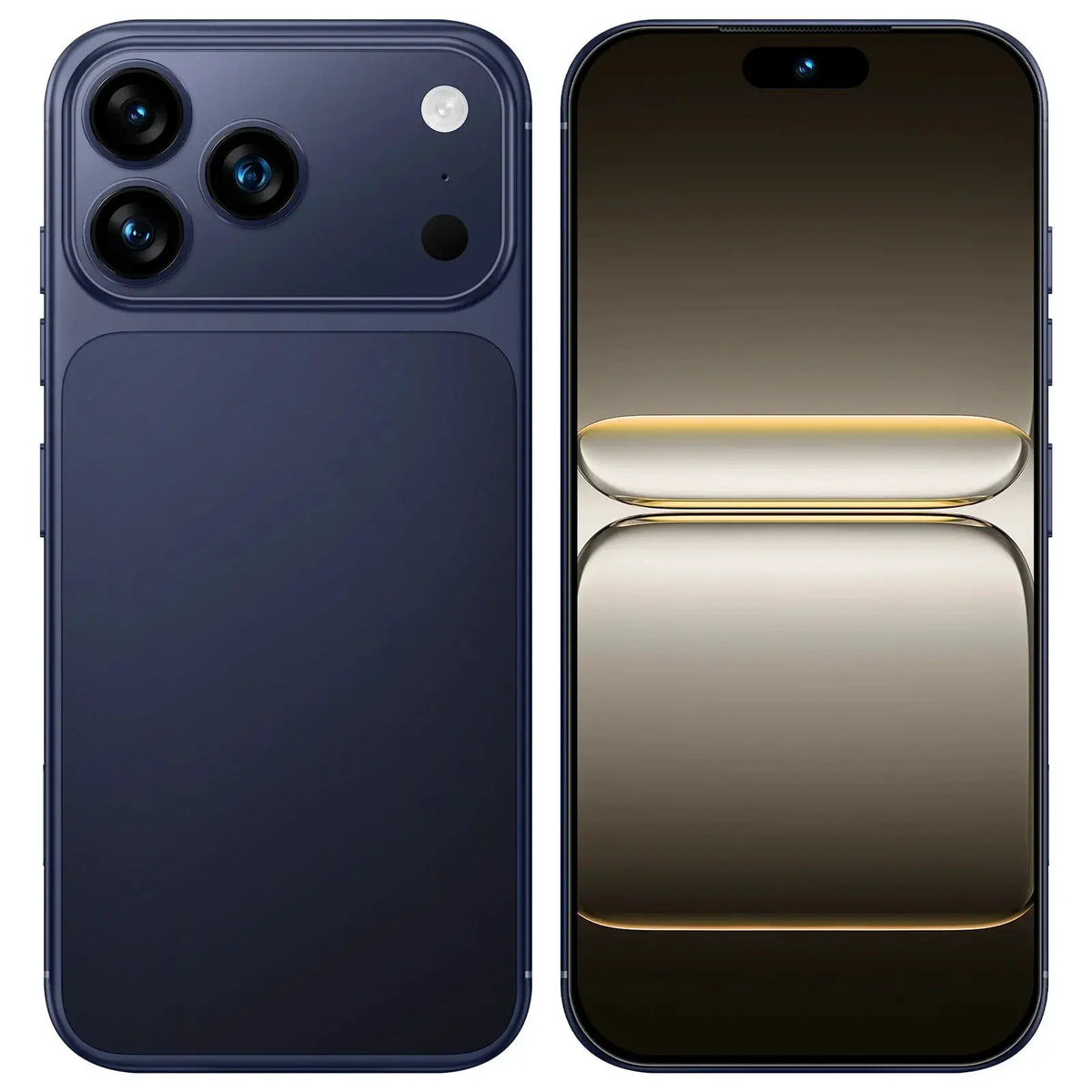 Two blue i17 Pro Max smartphones shown, front and back views with triple rear cameras and full-screen display