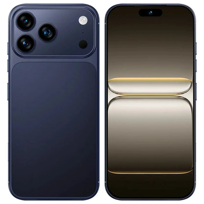 Two blue i17 Pro Max smartphones shown, front and back views with triple rear cameras and full-screen display