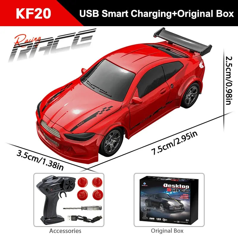 KF20 red 1/64 high-speed drift RC car with 2.4G 4WD remote, includes accessories and original box