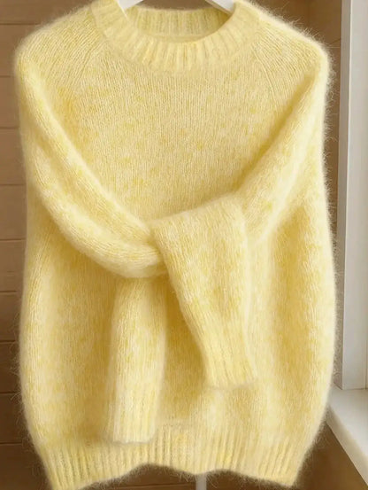 Womens Soft Cozy Knit Sweater in pale yellow with fluffy texture and relaxed fit