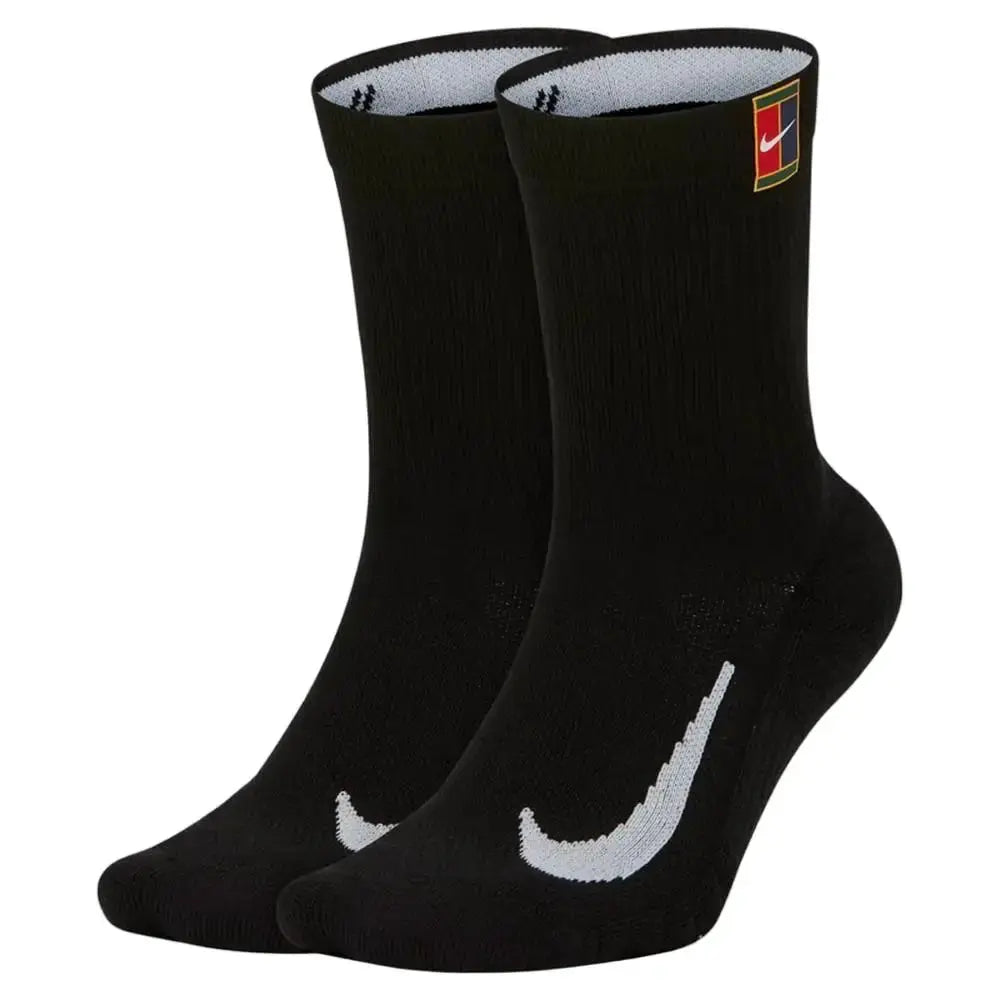 Nike black crew socks with white swoosh, thick-pile terry-sole, non-slip and breathable