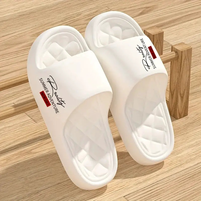 White EVA men's slippers, lightweight summer slides with quilted footbeds, pair shown for indoor and outdoor use