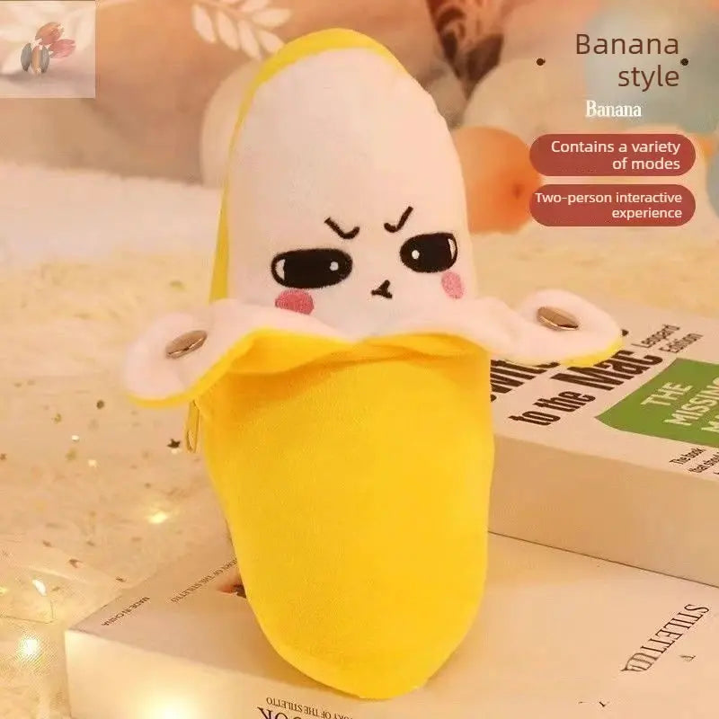 Banana-shaped plush toy with a yellow body and white hood, PrimeCanada.Store.