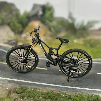 1:8 scale alloy mountain bike model, black frame with gold front fork, dual suspension and realistic gears