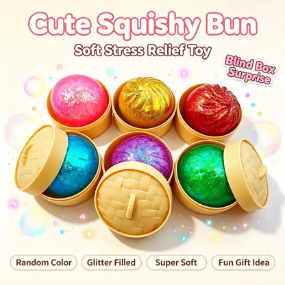 Mini squeeze stress-relief dumplings in six colorful boxes, glitter-filled and soft