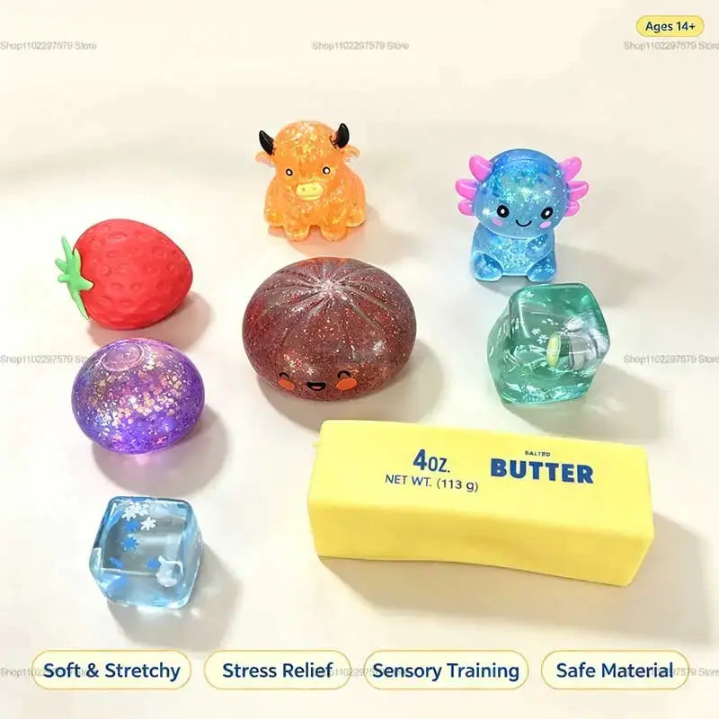 Assorted slow-rising squishy fidget toys set (7 pieces) including colorful glittery shapes and a yellow butter block