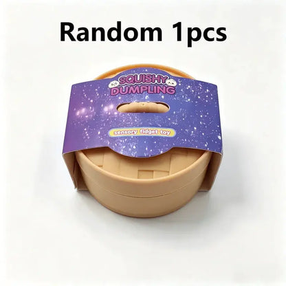Mini tan squishy dumpling fidget toy in purple packaging sleeve
