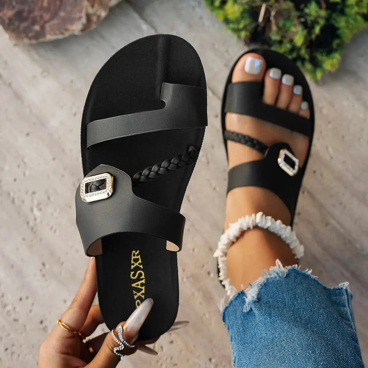 Summer ladies flat sandals black with woven strap and diamond buckle