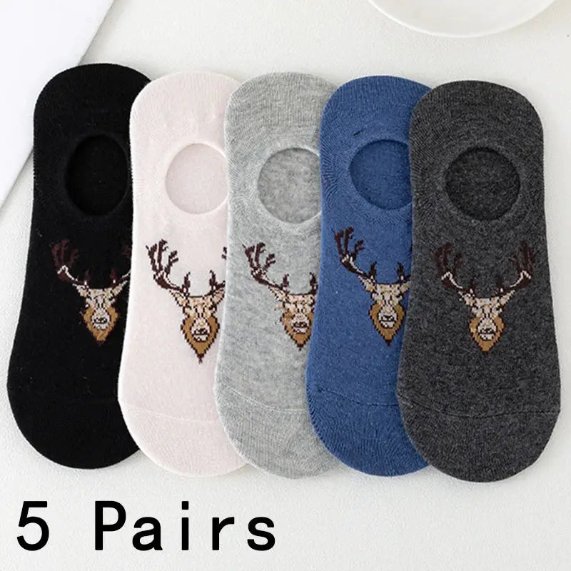 Men's ankle socks, 5-pair set in black, pink, gray, blue, charcoal with deer head embroidery; cotton, breathable