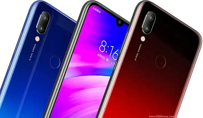 Xiaomi Redmi 7 smartphones in blue, purple gradient, and red finishes; three devices shown from rear and front angles.