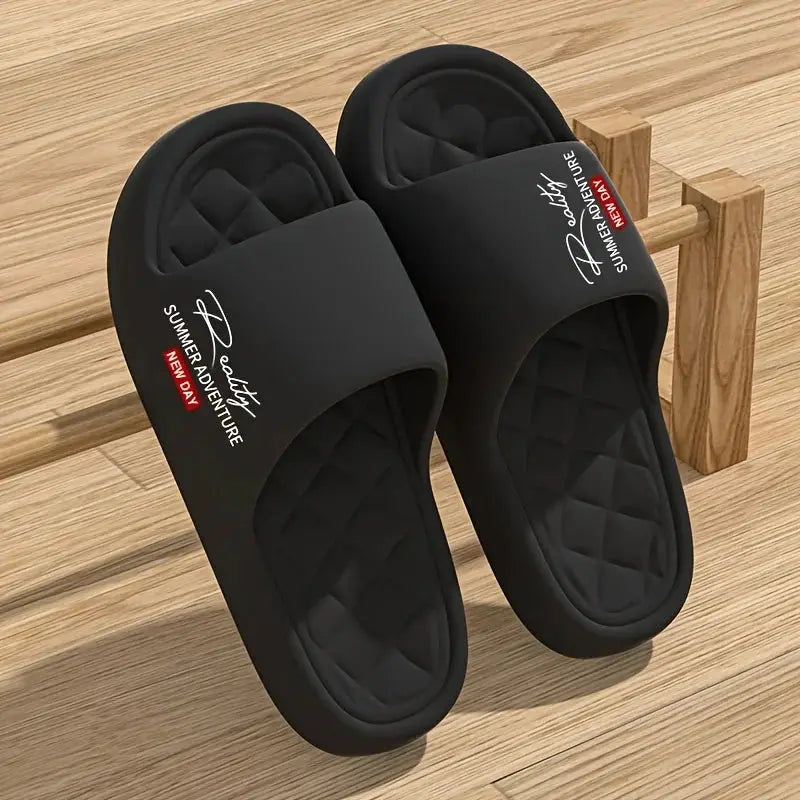 Men's black EVA slides; lightweight, soft indoor/outdoor slippers, two sandals shown