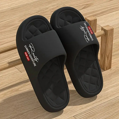 Men's black EVA slides; lightweight, soft indoor/outdoor slippers, two sandals shown