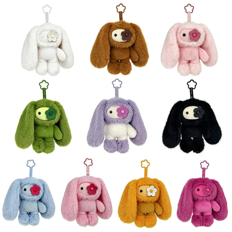 Cute Juju Rabbit plush keychain set, 12 assorted colors with flower face patches