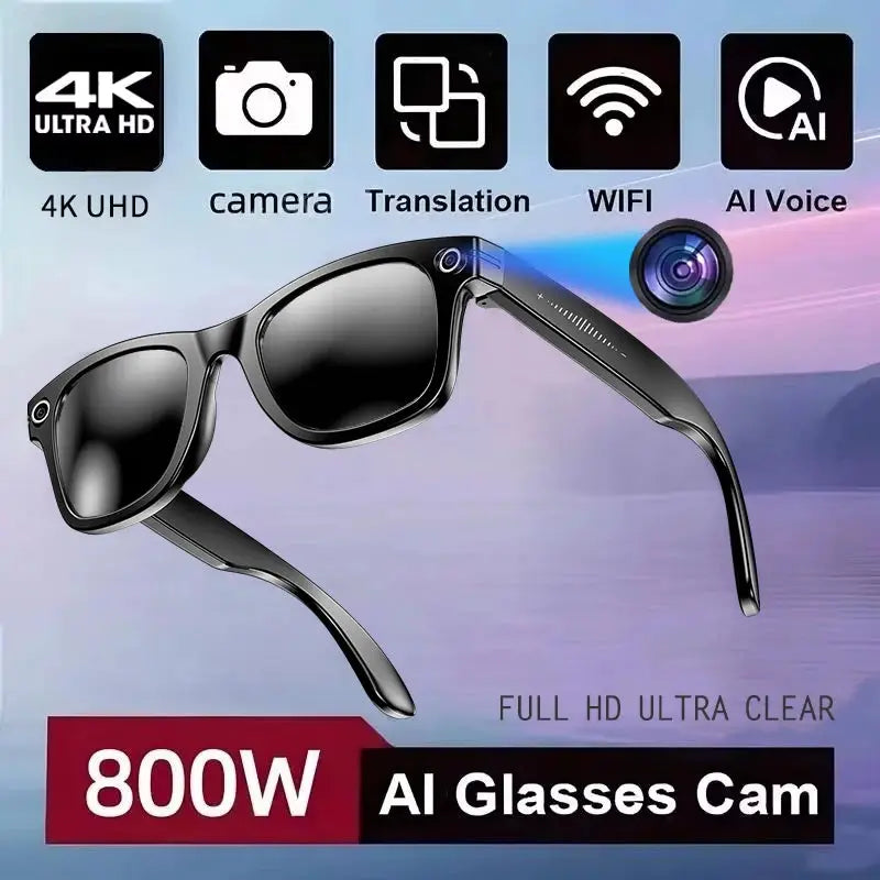 AI Translation Smart Glasses with 4K camera, black frame, waterproof recording