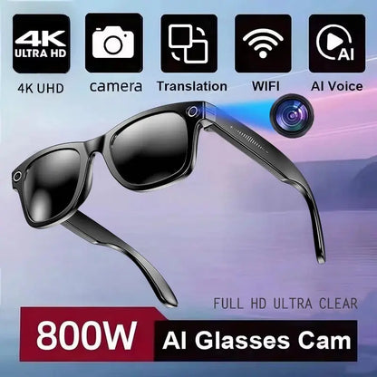 AI Translation Smart Glasses with 4K camera, black frame, waterproof recording