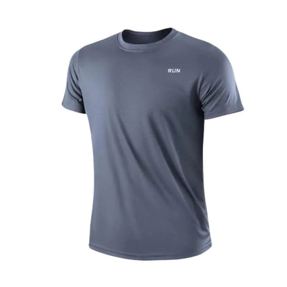 Men's Quick Dry T-Shirt in blue-gray with RUN logo on chest, PrimeCanada.Store activewear