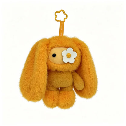 Juju Rabbit plush keychain, orange bunny with white flower accent, PrimeCanada.Store