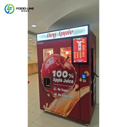 Refrigerated apple juice vending machine by Food Line, red with touchscreen, 100% Apple Juice, no sugar, no additives