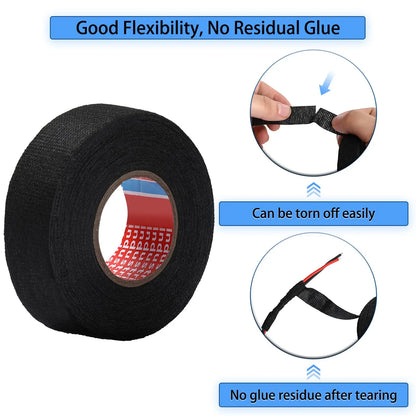 High Temperature Wire Harness Cloth Tape, black fabric tape for heat-resistant wiring applications.