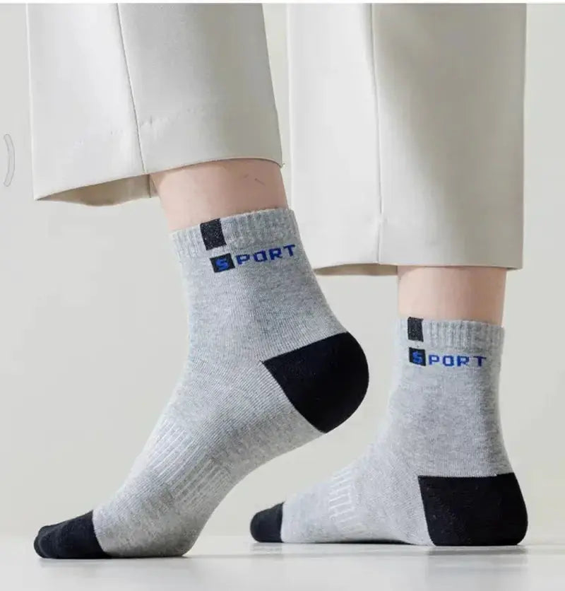 Gray cotton men's sport socks with black toe and heel, blue SPORT logo, 2 socks