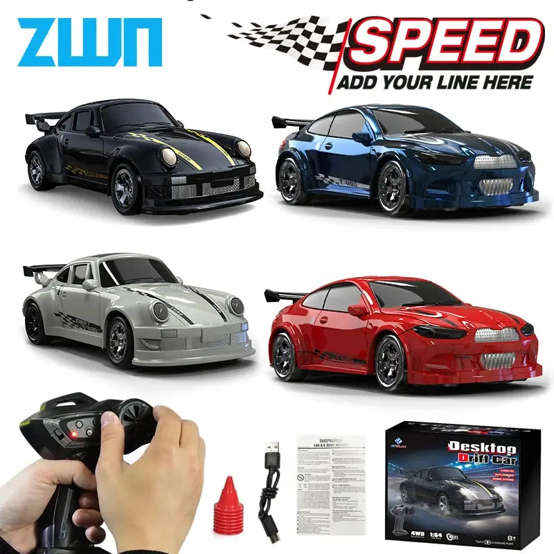 KF20 1/64 high-speed drift RC car set with four color cars and ZWN logo, 2.4G 4WD remote, USB charger and manual