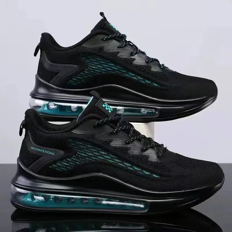 Men's black breathable running sneakers with teal accents and an air-cushioned sole; two shown.