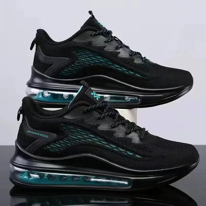 Men's black breathable running sneakers with teal accents and an air-cushioned sole; two shown.