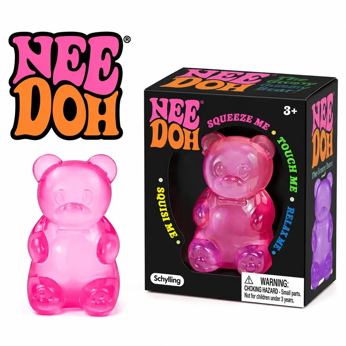 NEED DOH Soft Gummy Bear Fidget Squeeze Toy, pink translucent bear, Schylling packaging