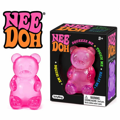 NEED DOH Soft Gummy Bear Fidget Squeeze Toy, pink translucent bear, Schylling packaging