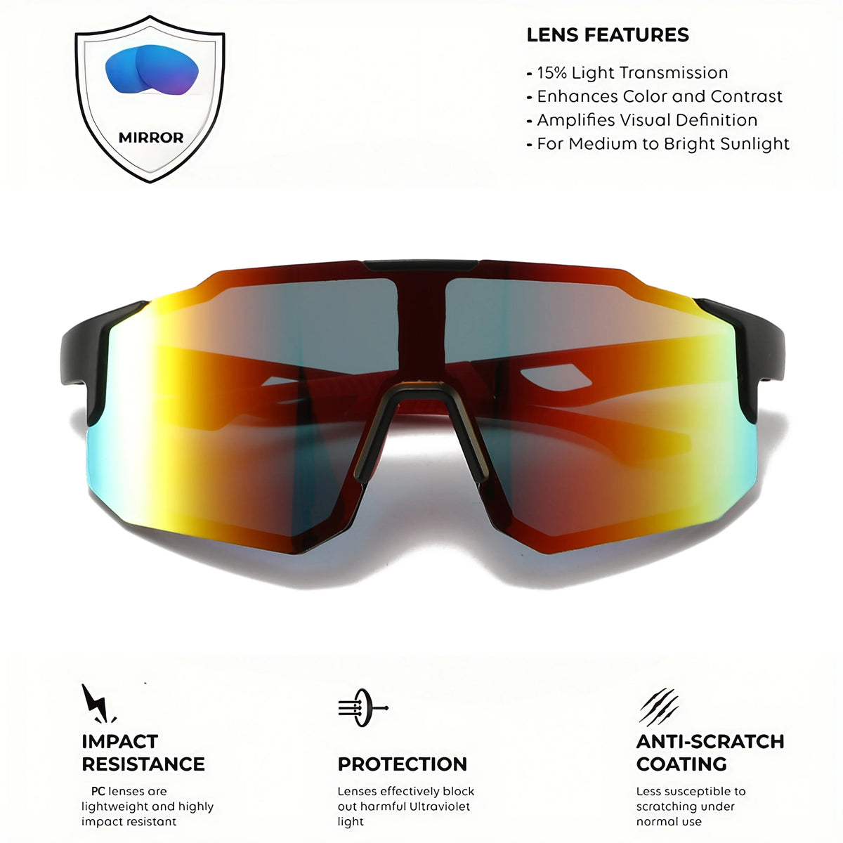 Oversized colorful sports sunglasses with black frame and mirrored rainbow lenses