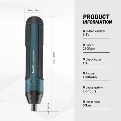 Makita electric screwdriver HT422, teal and black cordless handheld drill with 1300mAh rechargeable lithium battery.