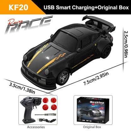 KF20 1/64 High Speed Drift RC Car, black with yellow racing stripes, 4WD, 2.4G remote; original box