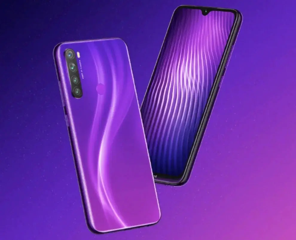 Two purple Xiaomi Redmi Note 8 smartphones with quad-camera rear and front notch display