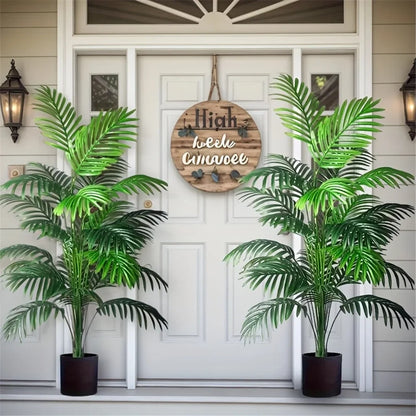 Two compact artificial areca palm plants with 24 lifelike green leaves for home decor