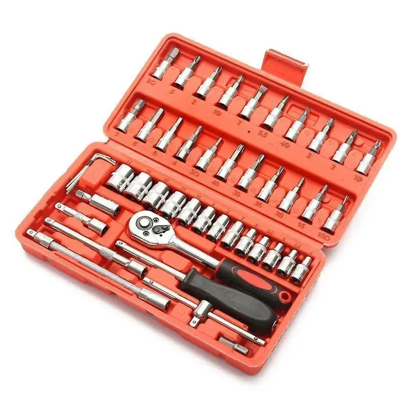 46-piece carbon steel 1/4in drive socket set with ratchet, screwdriver and bits in red case