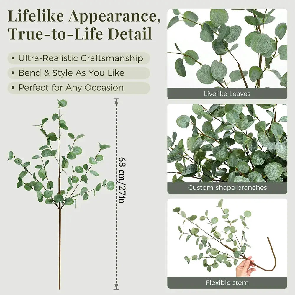 Artificial Eucalyptus stems with green leaves, 68 cm tall, flexible stems for vase decor.
