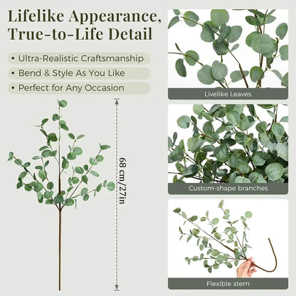 Artificial Eucalyptus stems with green leaves, 68 cm tall, flexible stems for vase decor.